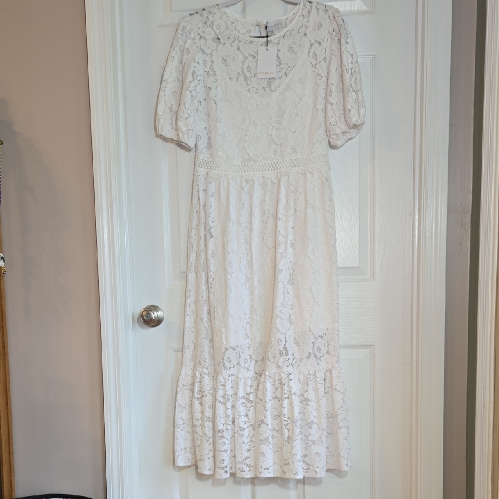 136. New Sugarlips White Lace Tiered A-Line Midi Skirt Size Large - Picture 4 of 8